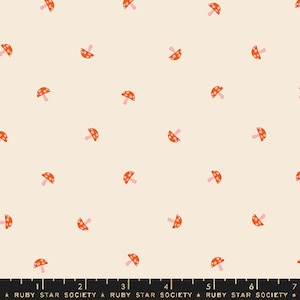 May include: A seamless pattern featuring a repeating design of orange and pink mushrooms on a cream background.
