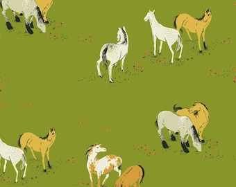 West Hill by Heather Ross for Windham Fabrics - Horse Field - Green - 52874-3 - FQ Fat Quarter BTHY Yard - Cotton Quilt Fabric