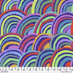 May include: A colorful fabric with a repeating pattern of overlapping rainbow arches. The arches are in shades of blue, green, yellow, orange, red, and purple. The fabric is perfect for quilting, sewing, and crafting.