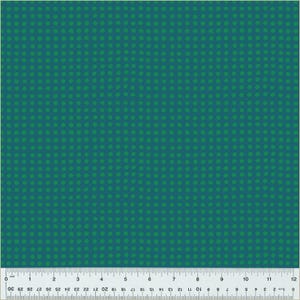 May include: A teal fabric with a repeating pattern of small green circles.