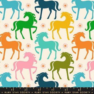 May include: A seamless pattern featuring colourful stylised horses in various shades of blue, green, yellow, orange, pink, and teal on a cream background. The horses are all facing the same direction and have a whimsical, retro design.