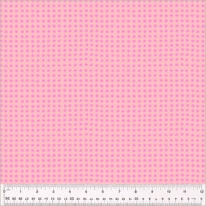 May include: Pale pink fabric featuring a repeating pattern of light pink polka dots. The dots are evenly spaced. A ruler at the bottom shows both inches and centimetres.