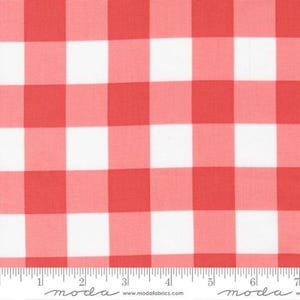 May include: Red and white gingham fabric with a classic checkered pattern. The fabric features large squares of red and white, creating a bold design. Suitable for sewing projects, including clothing and home decor. Measurements are in centimetres.
