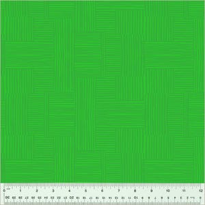 May include: Green fabric with a woven pattern of thin, white lines. The fabric has a subtle texture and a bright, vibrant green color.