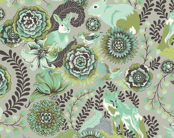 Fox Trot Fox Field by Tula Pink - Olive Green Aqua Shade  PWTP049 - 1/2 yard cotton quilt fabric 516