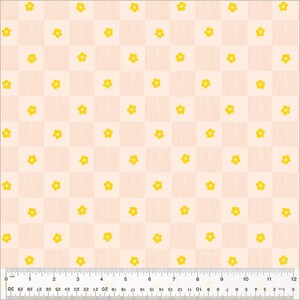 May include: A pink and white checked fabric with a repeating pattern of yellow flowers. The fabric has a subtle striped texture.