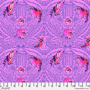 May include: A pink fabric with a repeating pattern of raccoons, trash cans, and floral designs. The raccoons are wearing colorful clothing and have a playful expression. The fabric has a vintage aesthetic and is perfect for quilting, crafting, and home decor projects.
