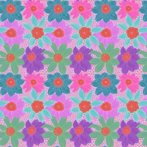 May include: A repeating pattern of stylized flowers in various colors. The flowers have orange centers, and petals in shades of pink, teal, green, and purple. The background is a light pink with small, dotted details.