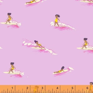 May include: A seamless pattern featuring a repeating design of girls surfing on waves against a light purple background. The girls are wearing yellow swimsuits and have dark skin and hair. The waves are pink and white.