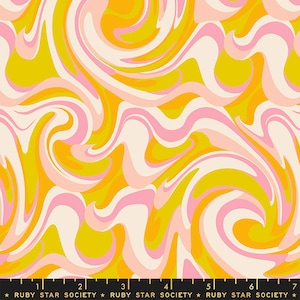 May include: Abstract swirl pattern fabric in yellow, pink, and white. The fabric has a retro, 70s vibe.
