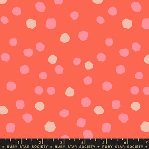 May include: A seamless pattern featuring a repeating design of pink and beige irregular octagons on a bright orange background.