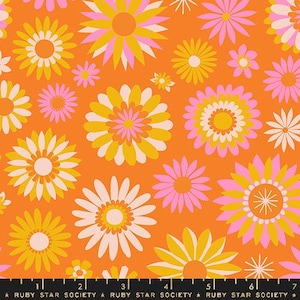 May include: A seamless fabric pattern with a retro 1970s aesthetic. The pattern features a repeating design of orange, yellow, pink, and white flowers on a bright orange background.