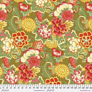 May include: A green fabric with a floral pattern featuring red, yellow, and white flowers. The flowers are stylized and have a traditional Asian design.