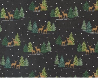 May include: A fabric with a repeating pattern of deer and evergreen trees in shades of brown and green on a black background. White dots are scattered throughout the design, creating a snowy effect. The fabric is suitable for various sewing projects.