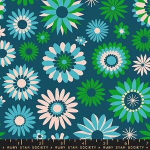 May include: A teal blue fabric with a repeating pattern of green, blue, and pink flowers. The flowers have a retro 1960s style.