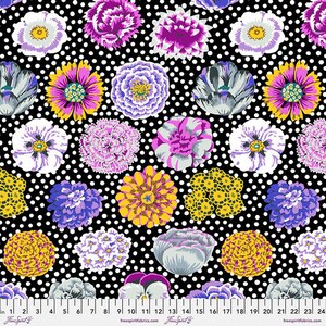 May include: Black fabric with a white polka dot pattern and a floral print. The flowers are in shades of pink, purple, yellow, and blue. The fabric is perfect for quilting, sewing, and crafting.