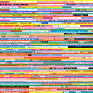 May include: A colorful, patterned artwork featuring numerous horizontal bands with text and decorative elements. The bands vary in color, including pink, blue, green, and yellow, with text such as "SANTA FE" and "FLOWER SHOP".