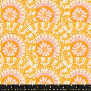 May include: A seamless pattern featuring a repeating design of stylized flowers in shades of pink and orange on a cream background. The flowers are surrounded by a geometric pattern of yellow and white stripes.