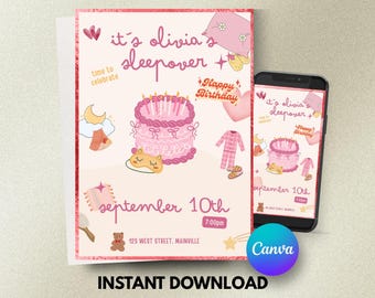 Invitación para fiesta de pijamas de cumpleaños, plantilla editable de Canva, fiesta para niñas (descarga instantánea)