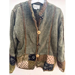 Flashback Vintage Patchwork Jacket Green Brown Cotton Rayon Boho Medium