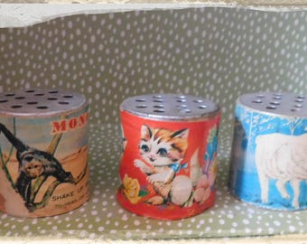 Bote de juguete vintage de hojalata con litografía de mediados de siglo que emite sonidos de animales - Juego de 3 (Mono, gatito, oveja)