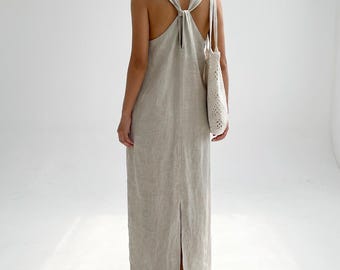 Maxi Dress, Cotton Twist Back, Sleeveless Summer Sundress, Natural Boho Loungewear