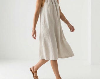 Linen Tencel Halter Midi Dress, Soft Minimalist Trapeze Swing Dress