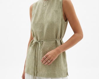 100% Linen Sleeveless Tunic Top: Muted Sage, Dusty Blue, Waist Tie Blouse