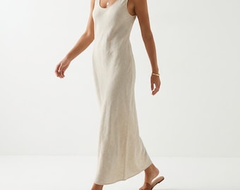 100% Linen High-Low Midi Dress, Minimalist Sleeveless Tank, Boho Summer Sun Dress