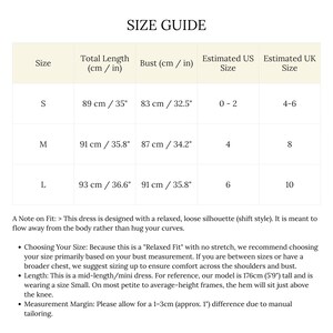 May include: A dress size guide showing measurements in cm and inches. Sizes S, M, and L are listed, with bust and total length measurements. Estimated US and UK sizes are also included. The text describes the dress's relaxed fit and offers advice on choosing the correct size.