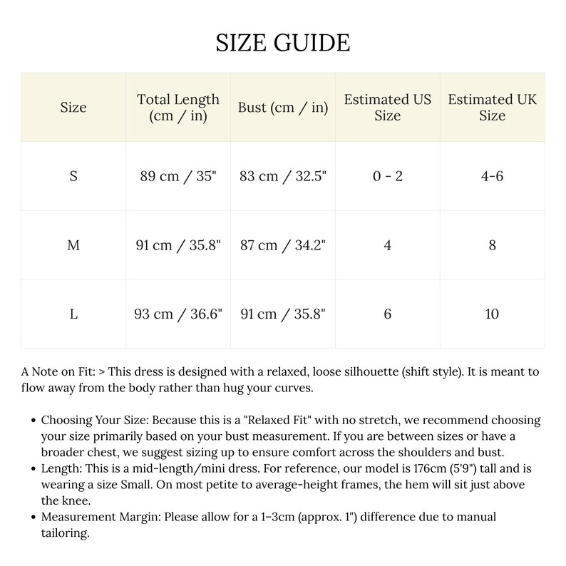 May include: A dress size guide showing measurements in cm and inches. Sizes S, M, and L are listed, with bust and total length measurements. Estimated US and UK sizes are also included. The text describes the dress's relaxed fit and offers advice on choosing the correct size.