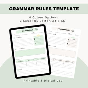 May include: A digital grammar rules template displayed on a tablet screen and a printed sheet. The layout includes sections for topic, date, rule explanation, key points, formula, structure, examples, and notes. Text includes Grammar Rules.