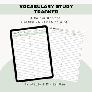 May include: A digital vocabulary study tracker template displayed on a tablet screen and a printed sheet. The layout features columns for word and meaning, with headers for title, date, and days of the week. Text includes VOCABULARY STUDY TRACKER.