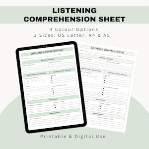 May include: A digital and printable listening comprehension sheet featuring sections for before listening, first listen big picture, second listen details, reflection, and improvement. The document includes fields for topic, title, and date.