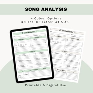 May include: A digital tablet displaying a Song Analysis template alongside a printed version of the same document. The form includes sections for song details, favorite lyrics, lyric analysis, rating, personal meaning, and notes in sage green.