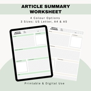May include: An article summary worksheet template displayed on a tablet screen and as a printed page. The layout includes sections for title, author, source, date, summary, key takeaways, strengths, weaknesses, important details, and personal opinion.