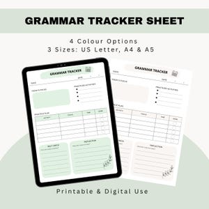 Pode incluir: Uma folha de rastreamento gramatical digital exibida na tela de um tablet e uma versão em papel impressa. O layout inclui seções para tópico, data, foco, plano de prática, autoavaliação e reflexão, com uma pequena ilustração de folha.