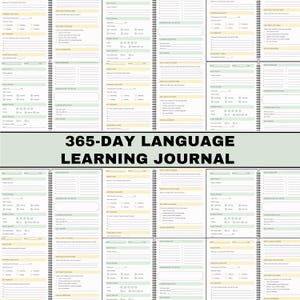 May include: A spiral-bound 365-day language learning journal featuring multiple page layouts with sections for daily focus, study sessions, vocabulary, learning reflections, and weekly goals, all printed in a soft green and yellow colour palette.