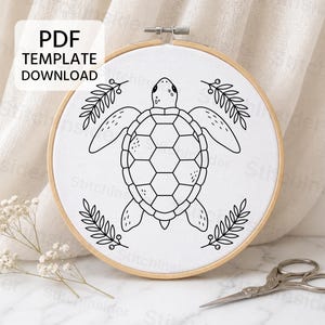 Sea Turtle Embroidery Pattern, Minimalist Embroidery, Shell Embroidery, DIY Hoop Art, Berry Leaf Embroidery, Turtle Lover Embroidery Gift