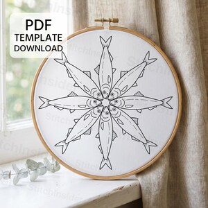 Fish Mandala Embroidery Pattern, Mandala Hand Embroidery, Mackerel Embroidery, DIY Hoop Art, Symmetry Embroidery, Ocean Embroidery Gift