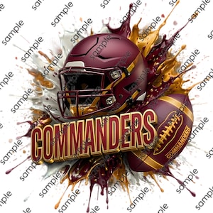 May include: A burgundy and gold football helmet and a matching football are positioned behind the 3D text COMMANDERS. The design features dynamic splashes of burgundy, gold, and white paint, creating a vibrant, energetic sports-themed graphic.