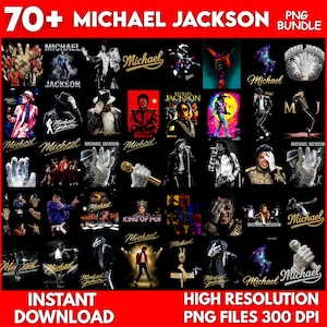 Puede incluir: Un conjunto de más de 70 archivos PNG de Michael Jackson. Las imágenes presentan varios retratos y gráficos del artista, con las palabras "Michael Jackson" y "Michael" en múltiples fuentes. También se ven las palabras "Descarga instantánea" y "Archivos PNG de alta resolución 300 DPI".