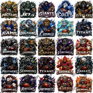 Peut inclure: Une collection d'illustrations numériques colorées représentant les logos de diverses équipes de la NFL. Chaque design présente une mascotte ou un joueur d'équipe tenant un ballon de football, avec le nom de l'équipe bien en évidence. L'œuvre a un style dynamique et axé sur l'action.