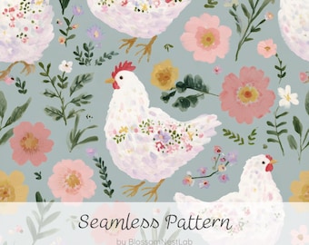 Nahtloses Hühnermuster im Aquarellstil, digitales Papier mit botanischen und floralen Motiven im skandinavischen Stil, feminine Hintergrundmaterialien im Landhausstil.