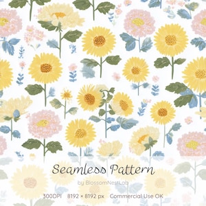 Könnte beinhalten: Ein nahtloses Blumenmuster mit gelben Sonnenblumen, rosa und cremefarbenen Blüten und blau-grünen Blättern auf weißem Grund. Das Design enthält den Text "Seamless Pattern" und den Namen "BlossomNestLab".