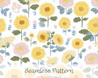 Nahtloses Sonnenblumenmuster, digitales Papier im Aquarellstil, sommerlicher gelber Blumenhintergrund, botanische Tapete im Cottagecore-Stil