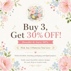 Op de afbeelding: Een promotionele afbeelding met bloementhema met de tekst "Buy 3, Get 30% OFF!" en "Bundle & Save 30%". Het ontwerp bevat aquarelbloemen in roze en blauw, en een cirkelvormige illustratie van een vogelnest.