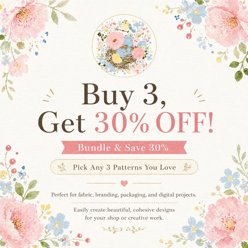 Op de afbeelding: Een promotionele afbeelding met bloementhema met de tekst "Buy 3, Get 30% OFF!" en "Bundle & Save 30%". Het ontwerp bevat aquarelbloemen in roze en blauw, en een cirkelvormige illustratie van een vogelnest.