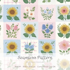Peut inclure: Un motif sans couture présentant des motifs floraux, notamment des tournesols et des hortensias, disposés en grille. Le motif utilise une palette de couleurs pastel rose, bleu et jaune, avec le texte "Seamless Pattern" en bas.