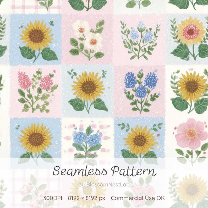 Op de afbeelding: Een naadloos patroon met bloemmotieven, waaronder zonnebloemen en hortensia's, gerangschikt in een raster. Het patroon maakt gebruik van een pastelkleurenpalet van roze, blauw en geel, met de tekst "Seamless Pattern" onderaan.